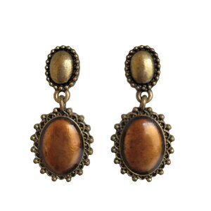VTG Earrings Dangle Drop Antique Revival Victorian Boho Bronze Tone Cameo Oval